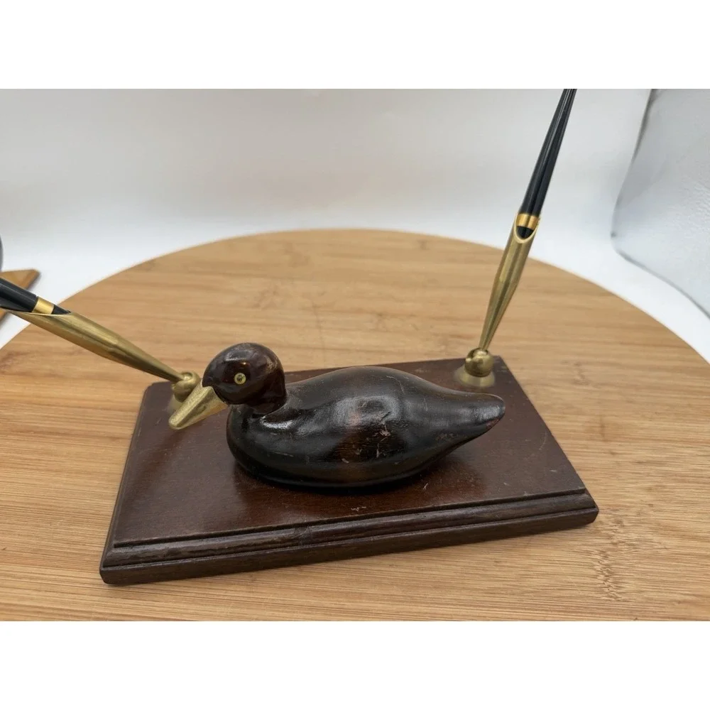 Vintage Pen Holder Desk Set -wooden Duck With Brass‎ Beak And 2 Pens UCGC Taiwan